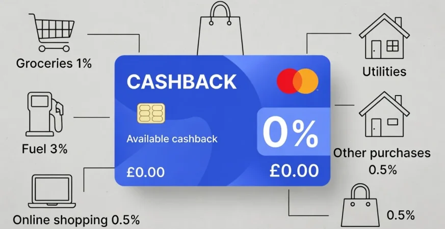 Cashback credit card illustration with UK shopping icons and cashback rewards percentages