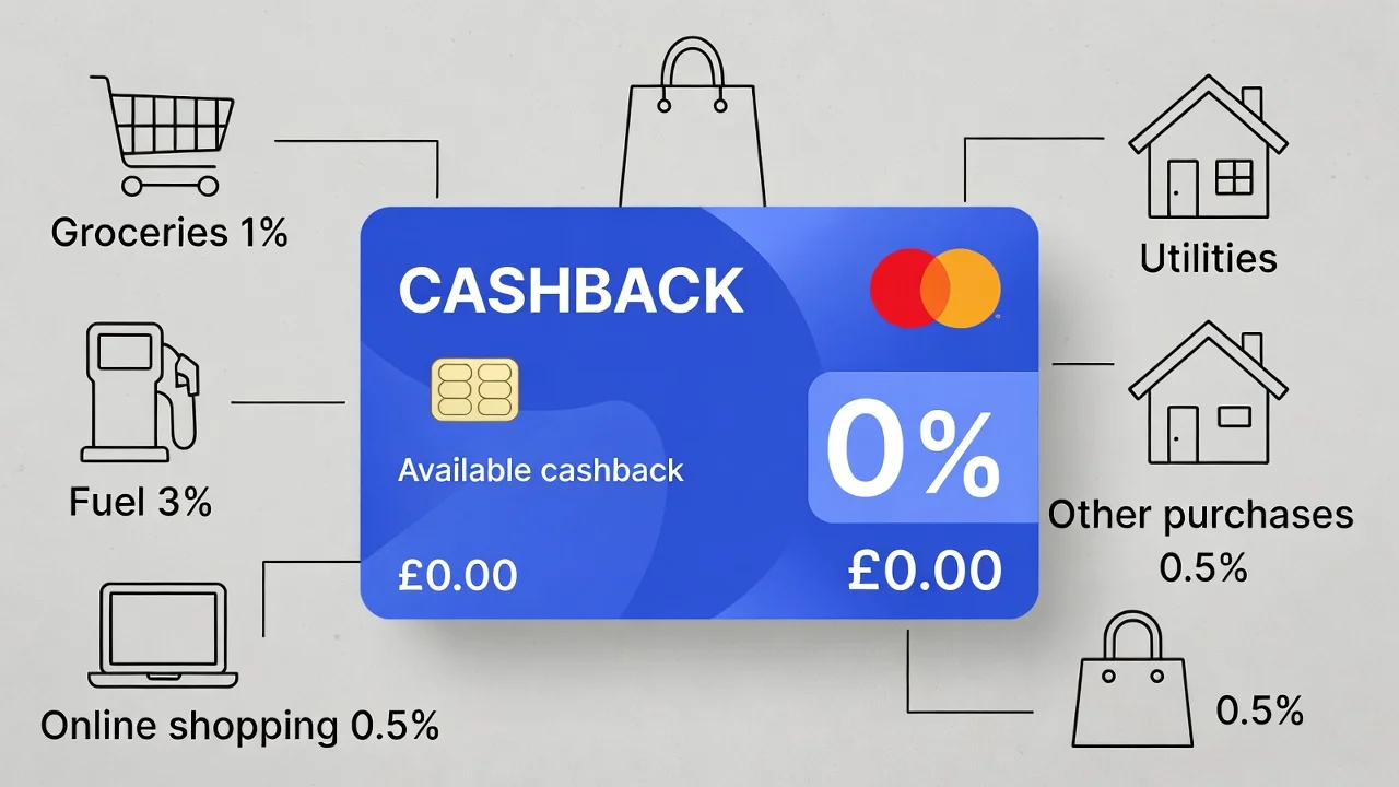 Cashback credit card illustration with UK shopping icons and cashback rewards percentages