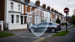 Small practical car on a UK street representing cheapest cars to insure.