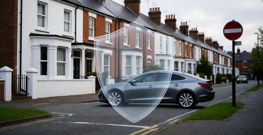 Small practical car on a UK street representing cheapest cars to insure.
