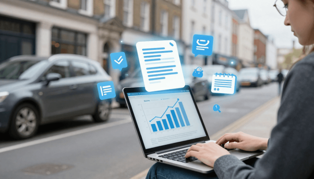 Person comparing car insurance quotes online with cars in the background, illustrating UK car insurance comparison