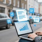 Person comparing car insurance quotes online with cars in the background, illustrating UK car insurance comparison