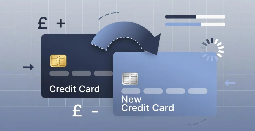 Illustration explaining a UK credit card balance transfer concept in a neutral, educational setting