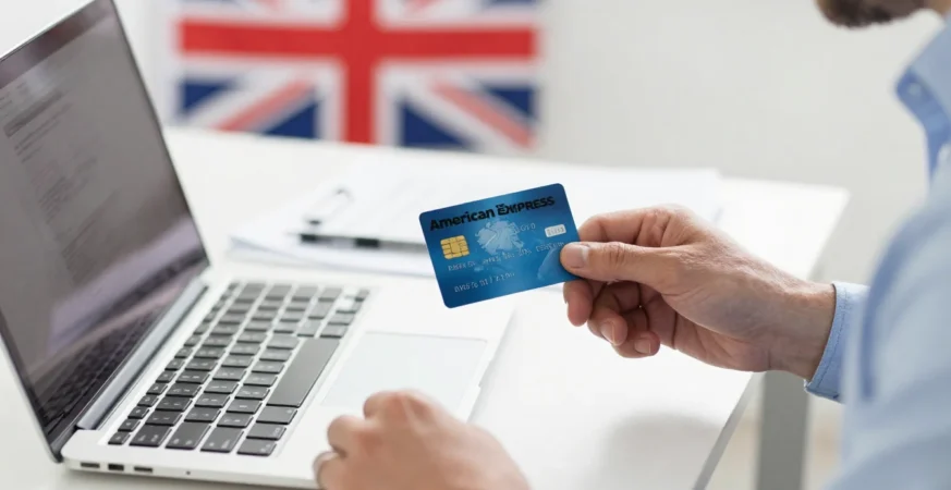 UK resident comparing credit card options with documents and laptop