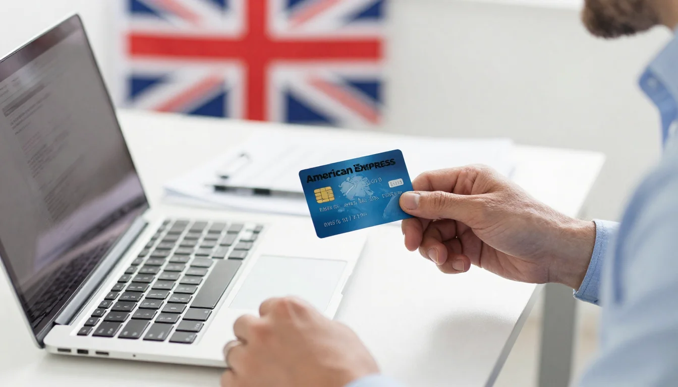 UK resident comparing credit card options with documents and laptop