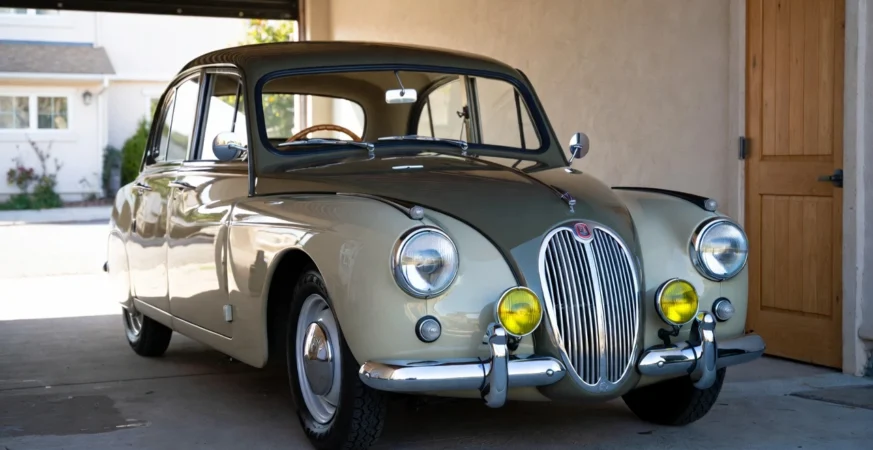 Classic collector car stored securely in a UK garage for specialist insurance coverage.
