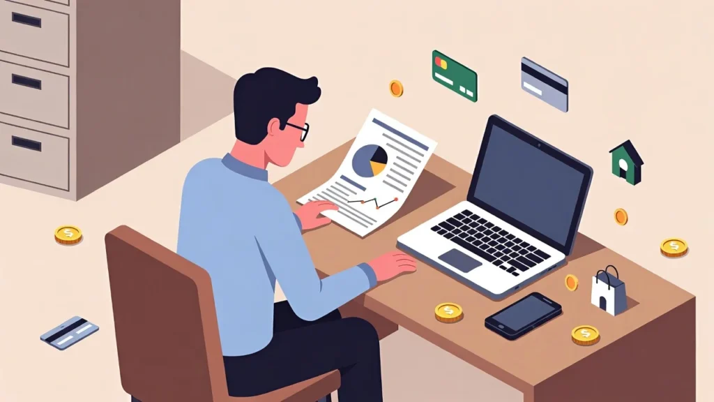 Illustration of a person holding a Lloyds Bank cashback credit card with cashback icons, UK city background