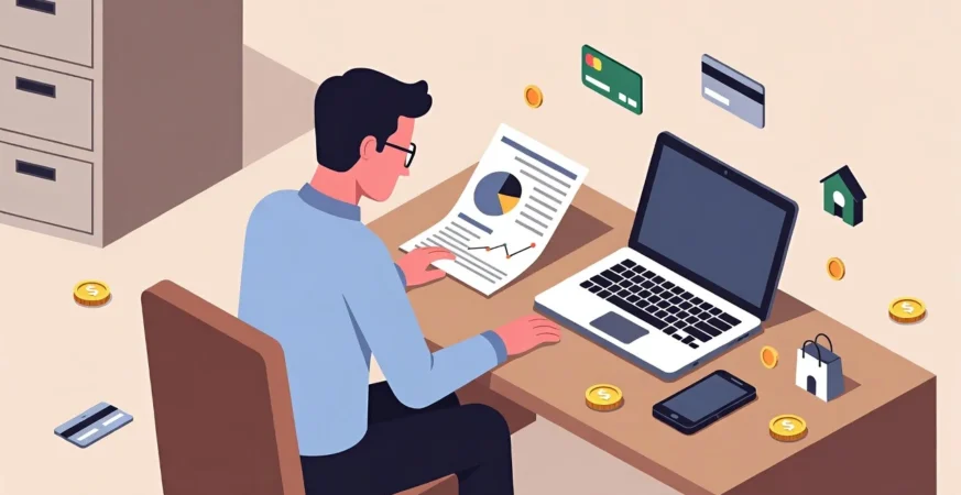 Illustration of a person holding a Lloyds Bank cashback credit card with cashback icons, UK city background