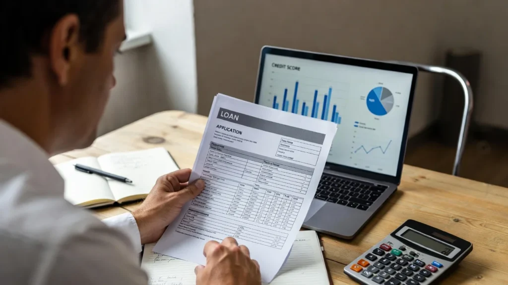 Person in the UK reviewing personal loan documents with credit score information on laptop