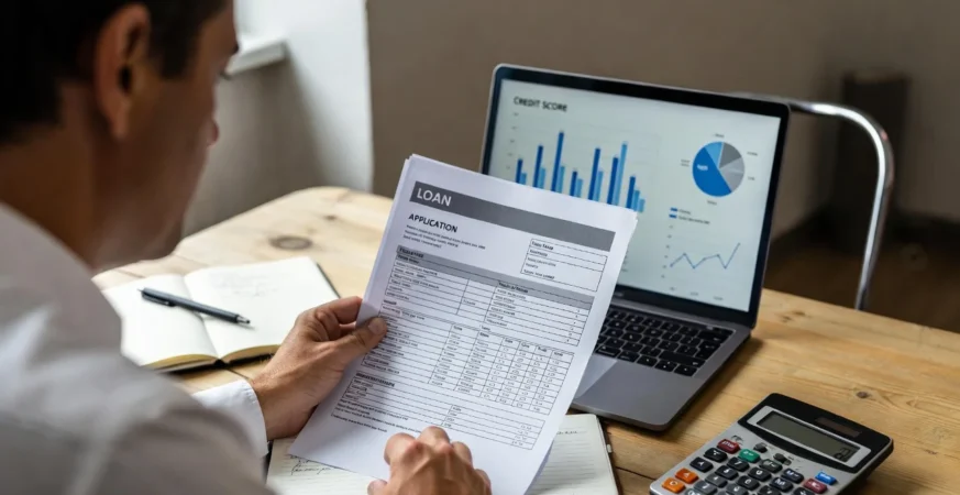 Person in the UK reviewing personal loan documents with credit score information on laptop