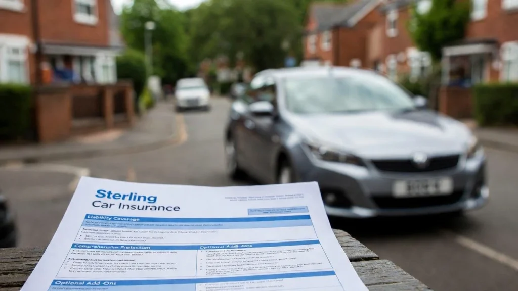 UK driver examining car insurance documents with a model car and laptop on desk
