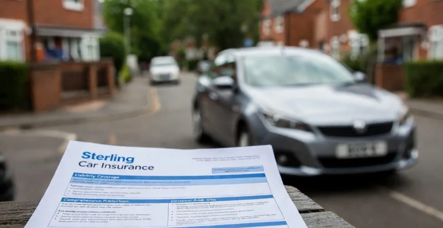 UK driver examining car insurance documents with a model car and laptop on desk