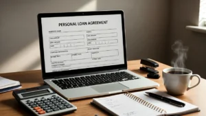Laptop showing a UK personal loan agreement on a desk with calculator and notebook.