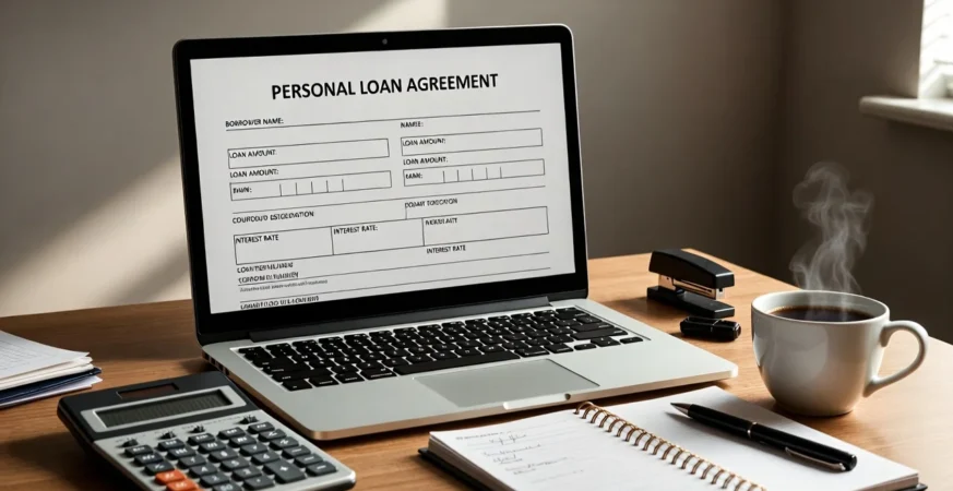 Laptop showing a UK personal loan agreement on a desk with calculator and notebook.