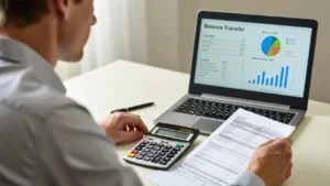 UK adult reviewing credit card balance transfer options at desk with calculator and laptop.
