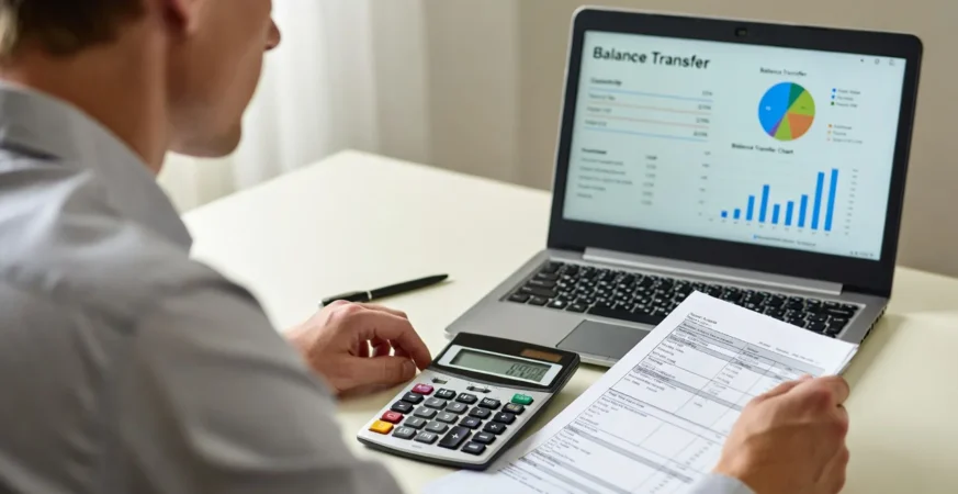 UK adult reviewing credit card balance transfer options at desk with calculator and laptop.