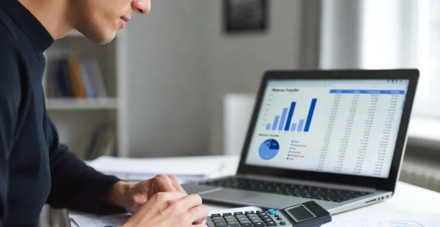 UK credit card balance transfer with zero interest illustration, showing financial documents and transfer concept