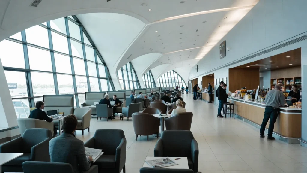 UK airport lounge with passengers using amenities and credit card displayed