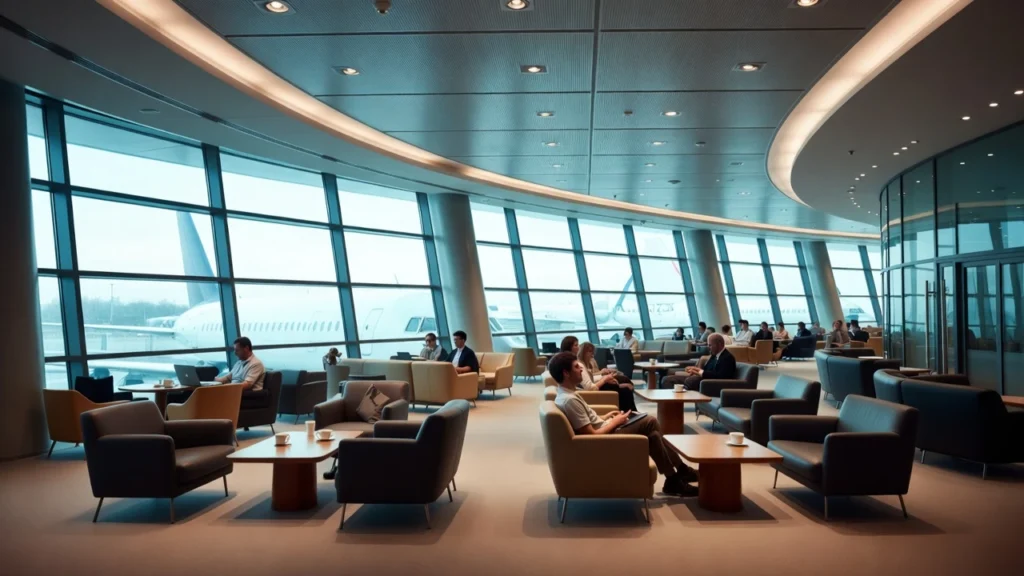 UK airport lounge with comfortable seating, refreshments, and passengers working before flights
