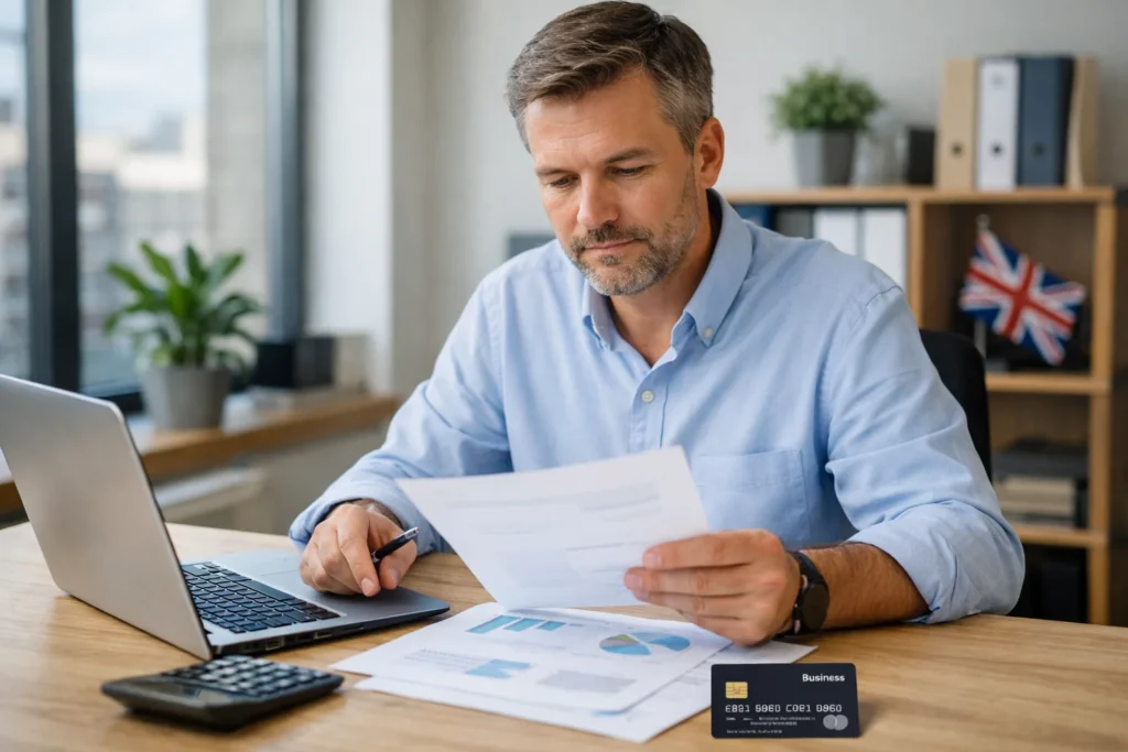 Business owner reviewing financial documents and business credit card in UK office