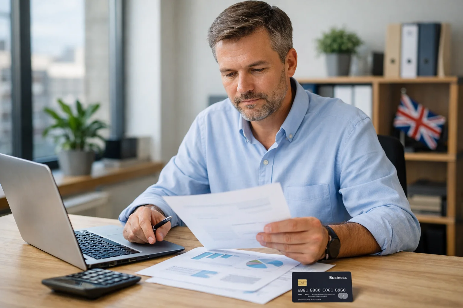 Business owner reviewing financial documents and business credit card in UK office