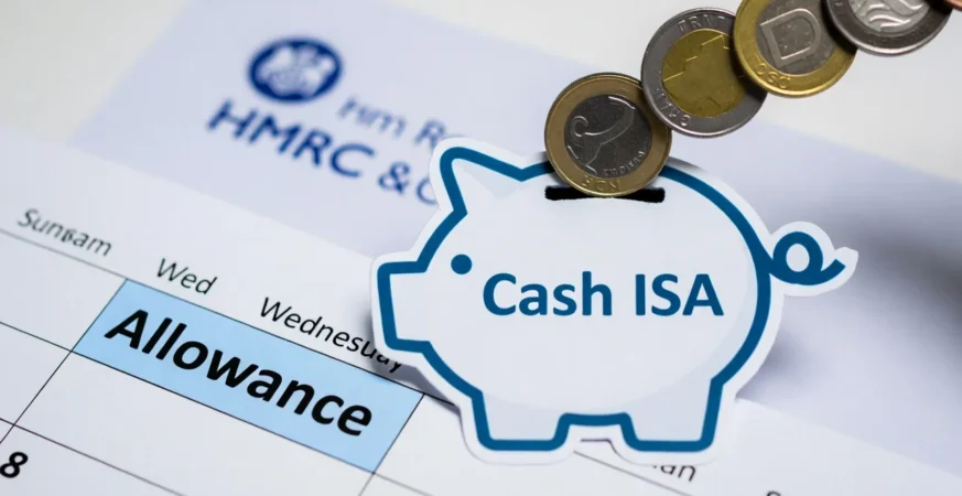 UK Cash ISA illustration showing a piggy bank, allowance calendar, and HMRC logo