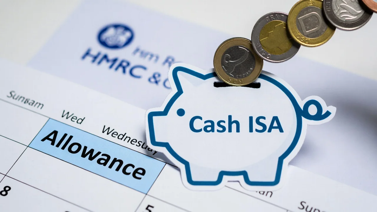UK Cash ISA illustration showing a piggy bank, allowance calendar, and HMRC logo
