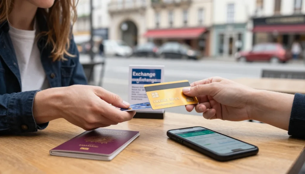 UK traveller using a credit card abroad at a European café with passport and mobile phone nearby