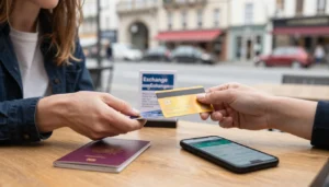 UK traveller using a credit card abroad at a European café with passport and mobile phone nearby