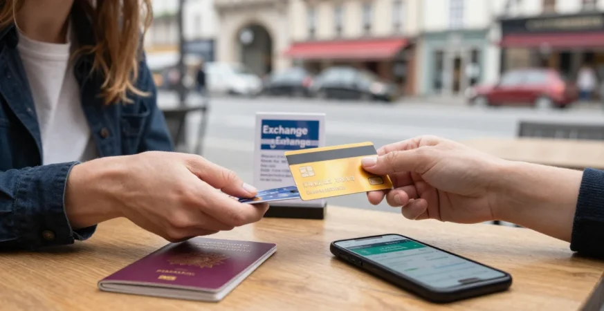 UK traveller using a credit card abroad at a European café with passport and mobile phone nearby