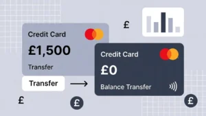 Person in the UK reviewing credit card statements at a desk with a laptop, planning a balance transfer.