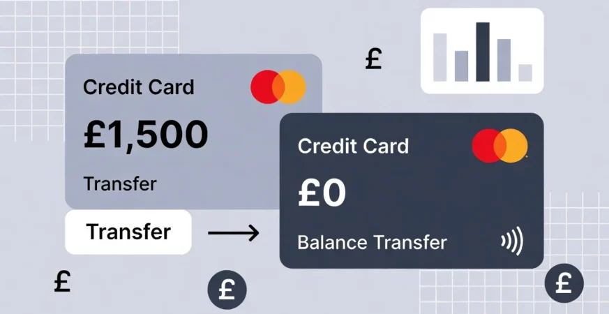 Person in the UK reviewing credit card statements at a desk with a laptop, planning a balance transfer.
