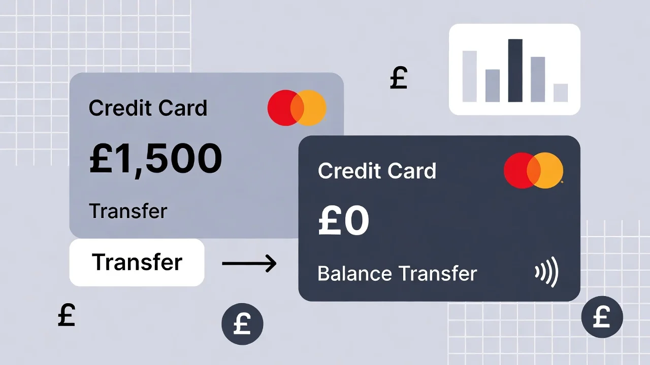 Person in the UK reviewing credit card statements at a desk with a laptop, planning a balance transfer.