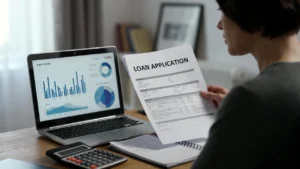 Illustration of a person comparing UK personal loan options with charts and interest rates on a laptop
