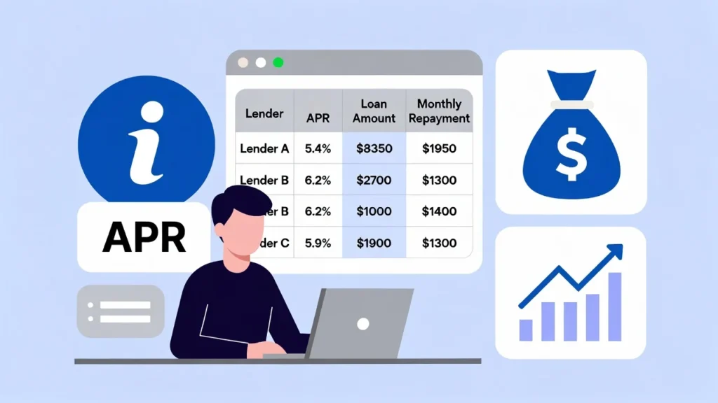 Illustration of a person comparing UK personal loan options online with icons for APR, interest rates, and repayment schedules.