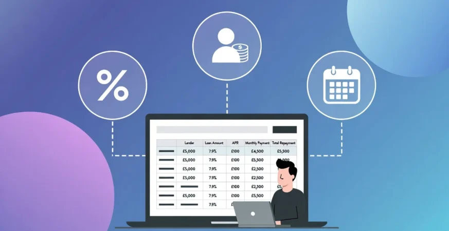UK adult reviewing unsecured personal loan options at a desk with laptop and calculator