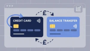 Illustration explaining what a balance transfer credit card is and how debt moves between cards in the UK.
