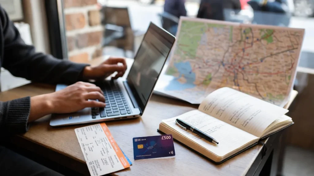 Traveller planning a short UK trip using a credit card with a £500 limit, reviewing travel expenses and train tickets.