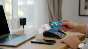 Person in the UK using an American Express airline credit card to buy electronics with GBP receipt on table