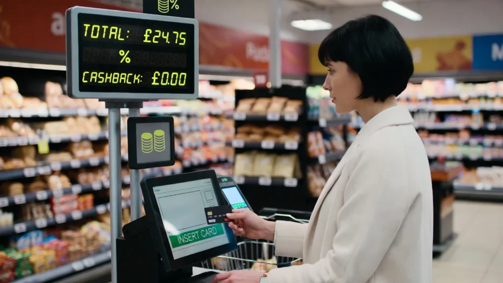 person using cashback credit card for everyday purchases in UK supermarket
