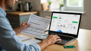 Person managing finances using bank account after bankruptcy UK with laptop and documents