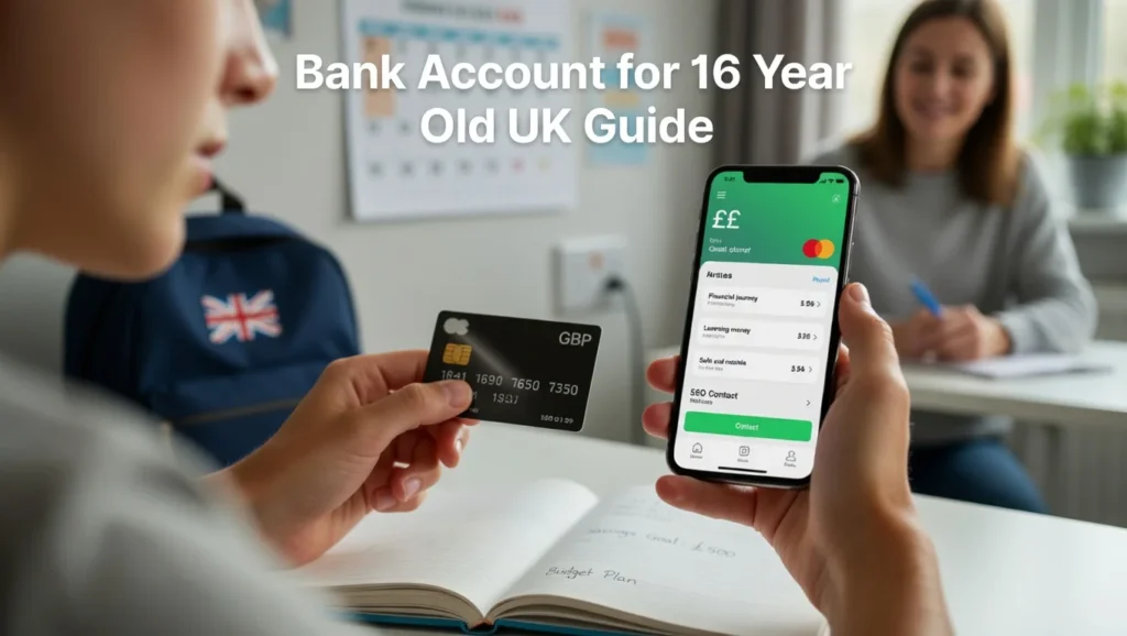 Teen using mobile banking app with debit card for bank account for 16 year old UK