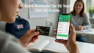 Teen using mobile banking app with debit card for bank account for 16 year old UK