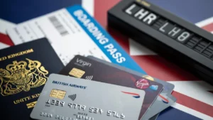 UK airline credit cards with boarding pass and passport on airport background representing travel reward credit cards