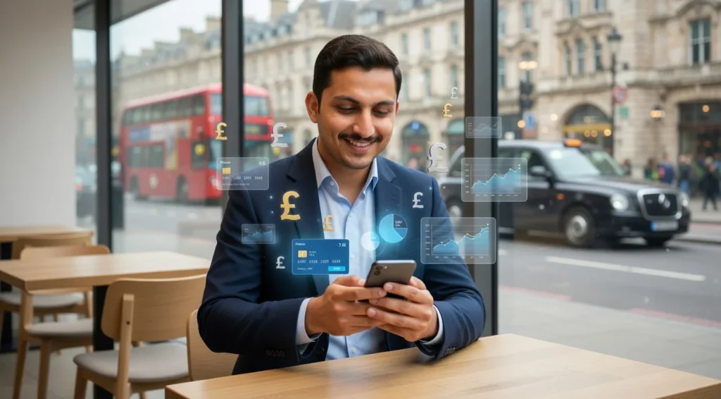 Young adult using mobile banking app in the UK comparing best bank accounts 2026