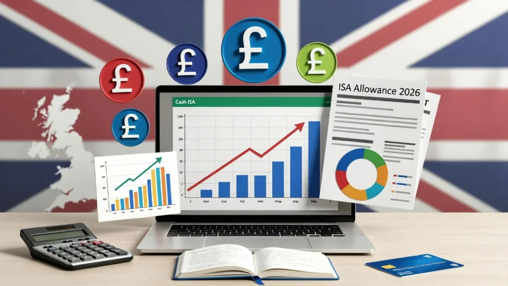 Best Cash ISA Options for Beginners in the UK showing tax-free savings concept with pound symbols and savings account illustration