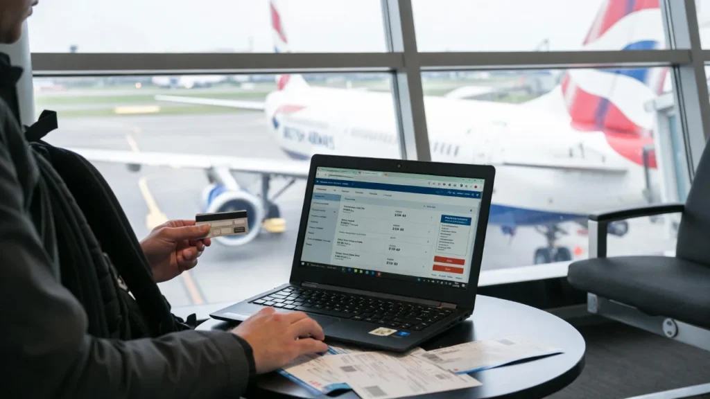 UK traveller using a credit card and laptop in an airport lounge to manage Avios travel rewards with the British Airways American Express Premium Plus Card