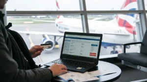 UK traveller using a credit card and laptop in an airport lounge to manage Avios travel rewards with the British Airways American Express Premium Plus Card