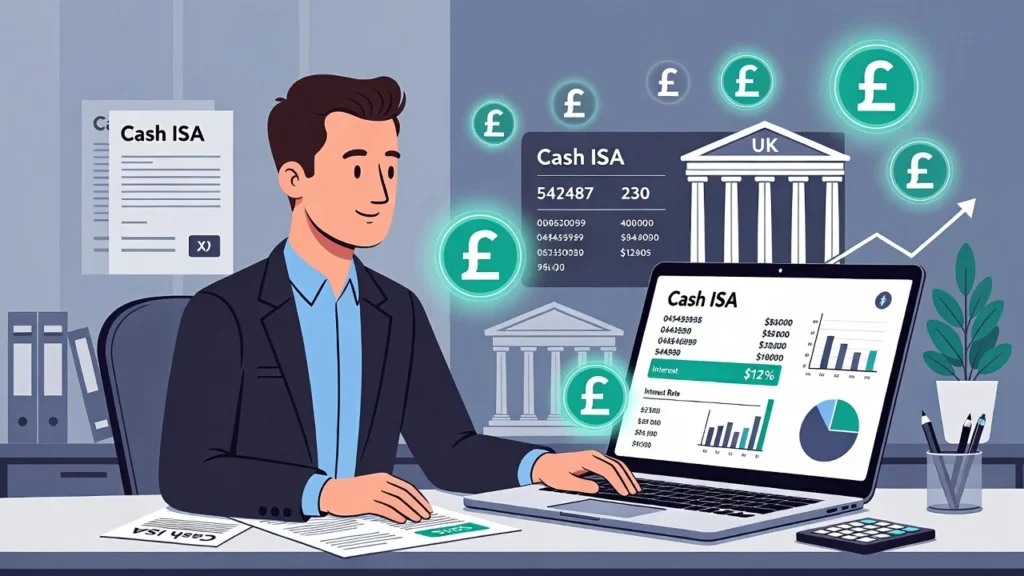 Illustration showing a UK saver managing multiple Cash ISA accounts and reviewing tax-free savings rules.