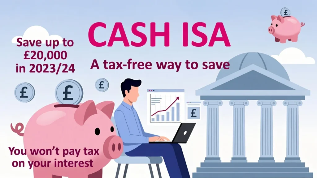 Illustration showing UK saver reviewing tax free savings with pound symbols representing Cash ISA accounts in the UK.